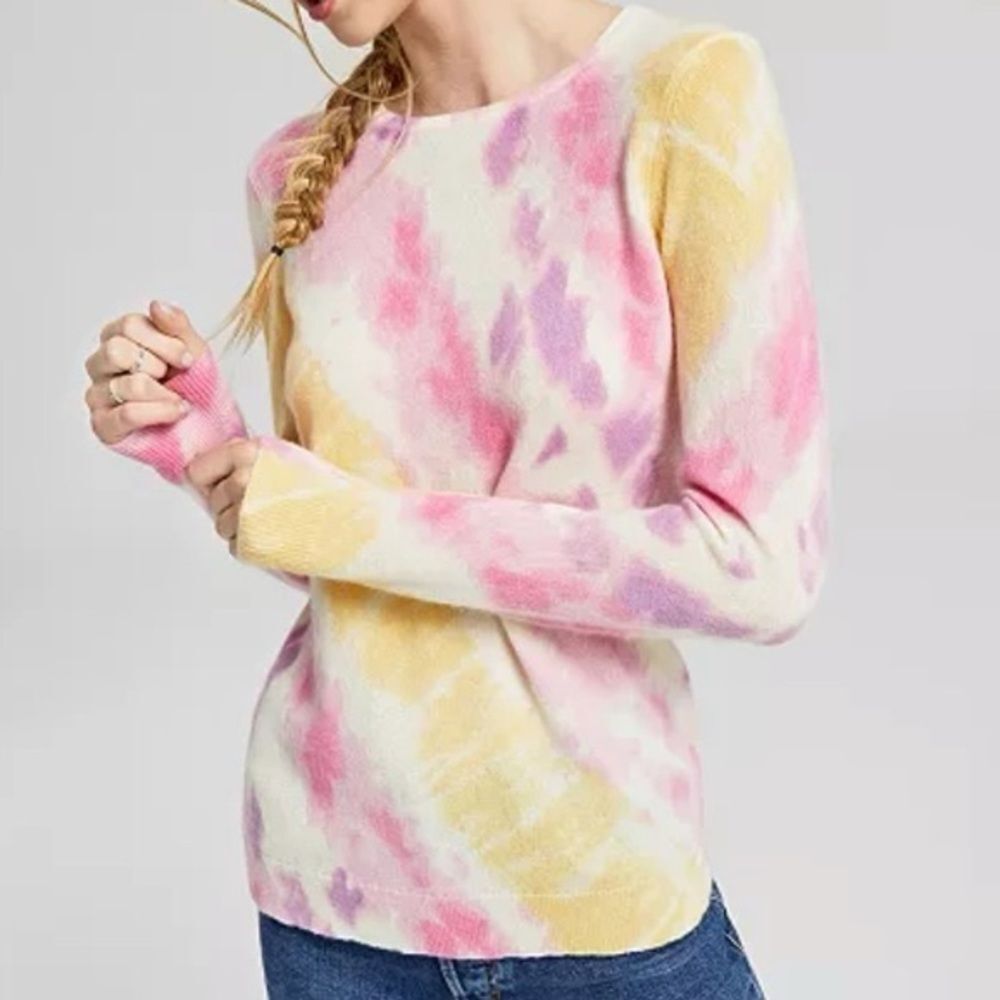 Cashmere Charter Club Luxury Lands' End Pink and Yellow Crew Neck Sweater Size M